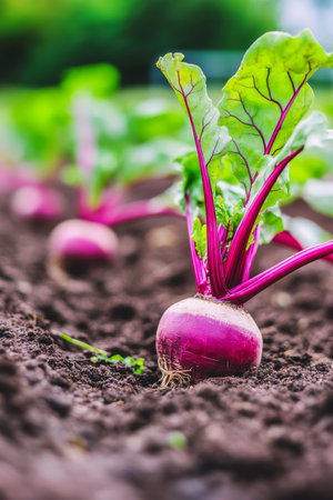 Harvested beets stand proudly in dark, nutrient-rich soil, showing their vibrant purple and green leaves. The warm sunlight enhances the natural beauty of this summer crop.の素材