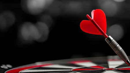 A red dart is successfully lodged in the bullseye of a dartboard, showcasing a moment of triumph during a competitive game played at a social venue in the evening.の素材