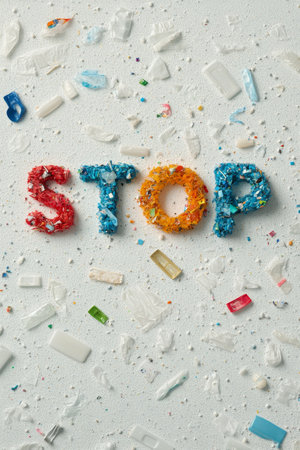 Colorful letters forming the word stop are crafted from recycled materials, surrounded by various pieces of plastic waste, highlighting environmental concerns and the need for action.の素材