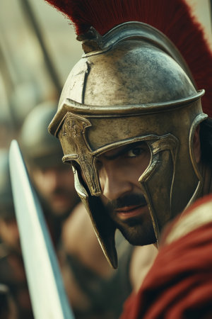 A warrior clad in ornate metal armor gazes intensely, showcasing fierce determination amidst a chaotic battlefield, embodying the spirit of courage and honor.の素材