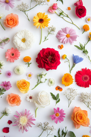 A stunning collection of various flowers, including roses, daisies, and daisies, laid out artfully on a clean white background creates a lively and cheerful atmosphere.の素材