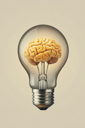 A creative light bulb showcases a bright yellow brain shape within its glass structure, set against a soothing peach backdrop, highlighting an innovative fusion of ideas and illumination.の素材
