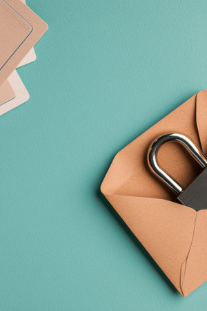 A padlock secures an envelope containing important documents placed on a vibrant turquoise wooden surface, symbolizing security and confidentiality.の素材