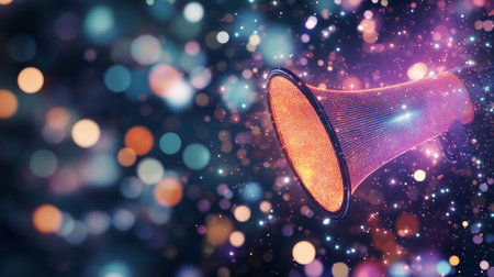 A vintage speaker projects vibrant sound waves into the air, surrounded by a mesmerizing swirl of colorful bokeh lights that create a lively atmosphere, perfect for an upbeat setting.の素材