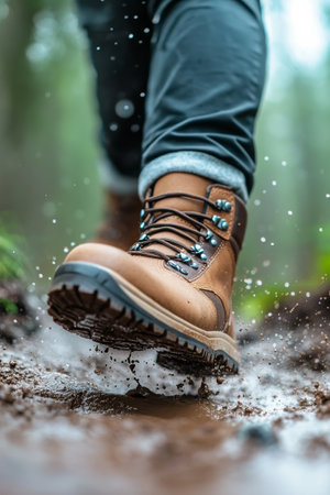 A hiker makes their way through a muddy path, splashing water as sturdy brown boots tread over the wet terrain. The vibrant greenery surrounds the trail, indicating a rainy day.の素材