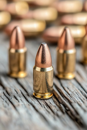 A detailed arrangement of metal bullets on a wooden surface showcases their design and craftsmanship. The background blurs into soft, warm tones, adding depth to the composition.の素材