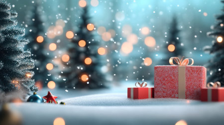 A serene winter landscape features decorated Christmas trees surrounded by colorful gifts. Snow falls gently, creating a festive atmosphere illuminated by soft, twinkling lights.の素材