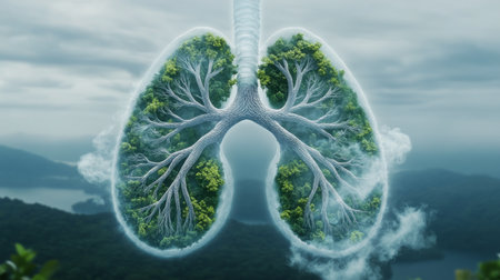 Lungs morph into vibrant green trees, symbolizing the deep connection between nature and health. The depiction highlights the role of clean air and the environment in promoting well-being.の素材