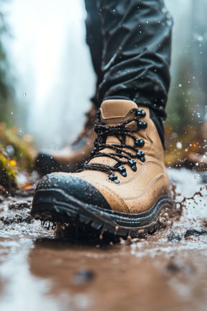 A hiker makes their way through a muddy path, splashing water as sturdy brown boots tread over the wet terrain. The vibrant greenery surrounds the trail, indicating a rainy day.の素材