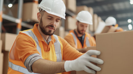 Several workers in safety gear carefully manage packages in a delivery warehouse. The team is focused on their tasks, ensuring efficient organization and safety.の素材