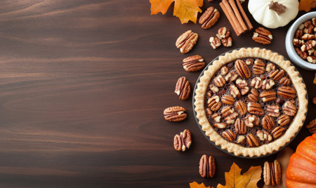 A freshly baked pecan pie sits on a rustic wooden table, surrounded by autumn leaves, cinnamon sticks, a small pumpkin, and scattered pecans, evoking a cozy fall atmosphere.の素材