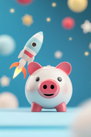 A cheerful piggy bank features a red and white rocket taking off from its back amidst vibrant spheres, creating a whimsical atmosphere of fun and creativity.の素材