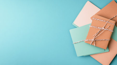 A stylish arrangement of wrapped boxes sits on a blue surface, accompanied by a delicate vase of flowers, creating a serene and inviting atmosphere in a modern setting.の素材