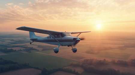 A small aircraft soars through the sky, illuminated by the warm glow of a vibrant sunset. Below, fields and valleys create a beautiful mosaic of colors.の素材