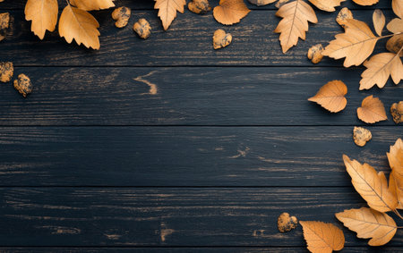 A collection of dried brown and orange leaves is arranged casually on a dark wooden background, evoking the essence of autumn. The natural light enhances their warm colors.の素材