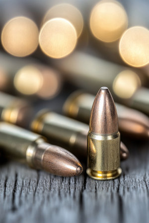 A detailed arrangement of metal bullets on a wooden surface showcases their design and craftsmanship. The background blurs into soft, warm tones, adding depth to the composition.の素材