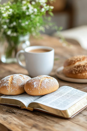 A cozy breakfast scene features freshly baked rolls on an open book, with a steaming cup of coffee nearby. A vase of flowers adds a touch of warmth to the inviting atmosphere.の素材