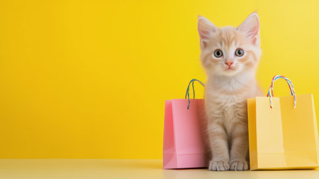 A light orange kitten curiously peeks out from behind pink and yellow shopping bags, set against a vibrant yellow backdrop. The scene captures a cute and playful moment.の素材