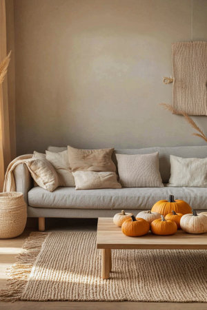A serene living room features a light-toned sofa adorned with cushions, a wooden coffee table, and decorative pumpkins. Sunlight streams through a large window, enhancing the autumn ambiance.の素材