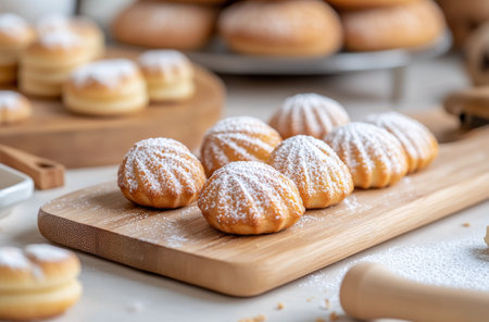 Butter cookies are arranged neatly on a wooden board, dusted with powdered sugar, surrounded by baking tools and other cookies, creating a warm and inviting kitchen atmosphere.の素材