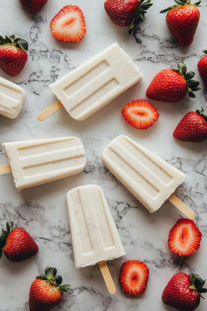 Strawberry yogurt popsicles are arranged on a marble surface, surrounded by fresh strawberries. The vibrant red swirls of fruit create a refreshing treat perfect for warm weather.の素材