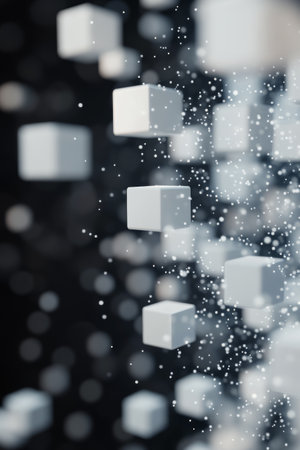 White cubes hover in mid-air, surrounded by shimmering particles, creating a mesmerizing abstract effect in a dark atmosphere.の素材