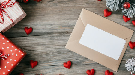 A beautifully wrapped gift box adorned with a red ribbon is surrounded by charming red hearts and a blank envelope on a rustic wooden table, creating a festive atmosphere for celebrations.の素材