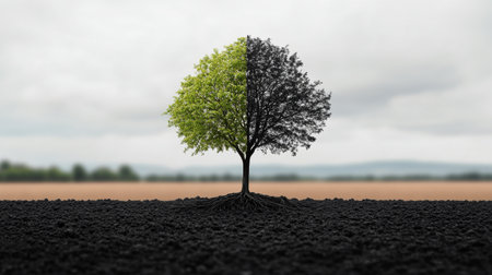A solitary tree rises in the middle of a landscape, dividing two contrasting areas of light and dark earth. This scene captures a moment of tranquility and reflection, highlighting nature's beauty.の素材