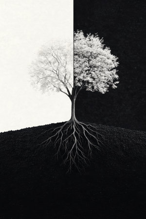 This striking depiction showcases a lone tree silhouetted against a light background, highlighting its detailed and expansive root structure that mirrors above ground.の素材