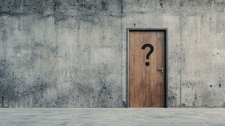 A weathered turquoise door with a question mark stands against a rough concrete wall, hinting at secrets or unanswered questions in this abandoned environment.の素材