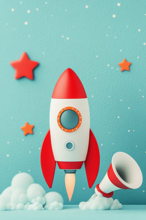 A playful rocket ship takes off, emitting a bright flame as it ascends into a sky filled with soft clouds and colorful stars. The vibrant setting creates a whimsical atmosphere.の素材