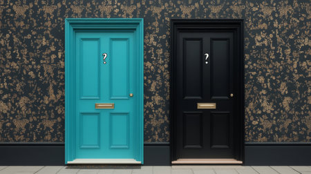 In an elegantly designed hallway, a striking turquoise door and a sleek black door stand side by side, both adorned with question marks. The intricate wallpaper adds a unique touch.の素材