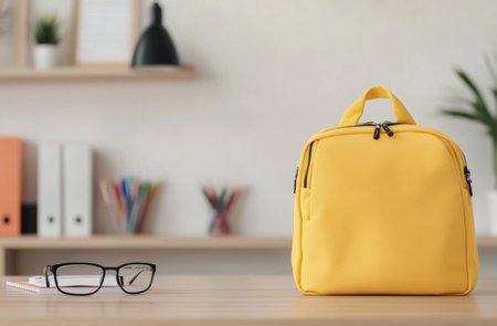 A study area features a bright yellow bag, glasses, and colorful pencils in white holders on a simple desk. The walls are painted in a vibrant yellow, creating an inviting space.の素材