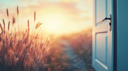 An open door reveals a stunning sunset illuminating a vast wheat field. The warm light casts a golden hue, creating a serene atmosphere on a tranquil summer evening.の素材