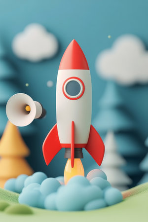 A playful rocket ship takes off, emitting a bright flame as it ascends into a sky filled with soft clouds and colorful stars. The vibrant setting creates a whimsical atmosphere.の素材