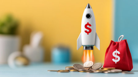 A small rocket takes off, creating a sense of excitement, as it launches from a stack of coins next to a money bag, symbolizing financial growth and investment in a bright, cheerful environment.の素材