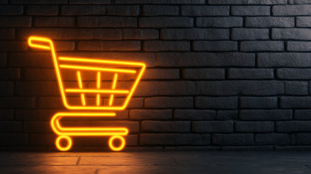 A glowing neon shopping cart design stands out vividly against a textured dark brick wall, creating a modern and inviting atmosphere suitable for retail or e-commerce themes.の素材
