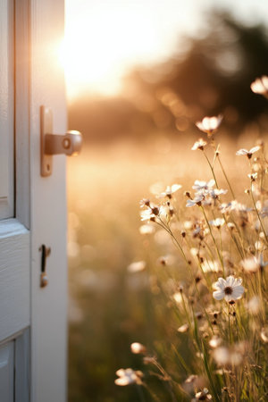 Golden sunlight spills through an open door, illuminating a field of wildflowers swaying gently in the breeze. The peaceful atmosphere invites contemplation and connection with nature.の素材