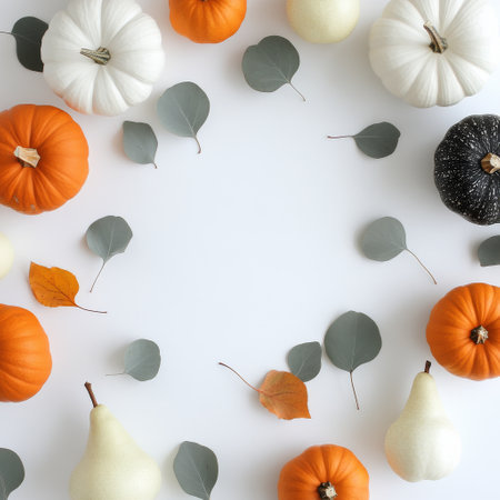 A beautiful display of orange and white pumpkins, pears, and nuts surrounded by dried leaves, showing the essence of autumn. The arrangement creates a warm and inviting atmosphere.の素材