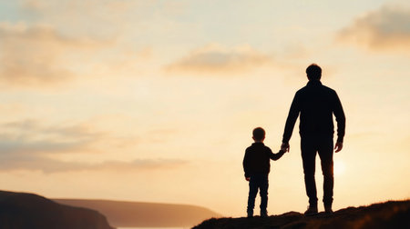 A father and his young son are walking hand in hand on a grassy hill, silhouetted against a beautiful sunset. The sky is filled with warm colors as the day comes to an end.の素材