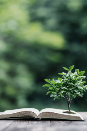 A small green plant emerges from the pages of an open book resting on a wooden table, bathed in soft natural light, symbolizing growth and knowledge in a tranquil outdoor environment.の素材