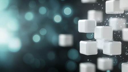 Several white cubes drift in a softly lit space, surrounded by a gentle haze. Their arrangement creates a surreal and dreamlike environment evoking a sense of calm.の素材