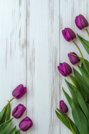 A cluster of vibrant purple tulips is elegantly arranged on a rustic wooden table, showing off their fresh petals and green stems. Natural light enhances the color and texture of the flowers.の素材