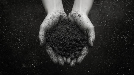 A person dressed in protective gear holds a handful of black soil, surrounded by a rainy atmosphere, showing the texture and moisture of the earth.の素材