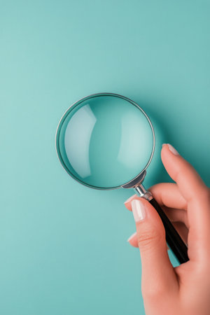 A person is holding a magnifying glass, positioned against a calm turquoise backdrop. The focus highlights the glass's clarity and the person's manicured nails, emphasizing attention to detail.の素材