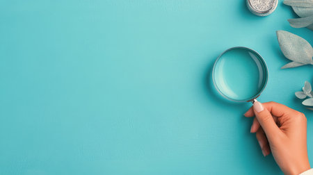 A hand grips a magnifying glass, poised above a smooth teal surface, emphasizing details and investigation. The setting conveys curiosity and the desire for deeper understanding.の素材