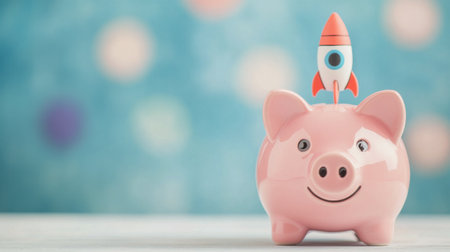 A pink piggy bank smiles as a small rocket sits on top, symbolizing dreams of financial growth and ambition. The soft, colorful background adds a playful touch to the scene.の素材