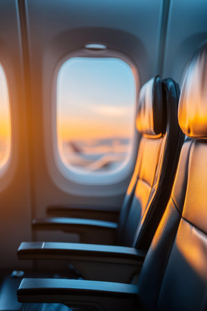 The interior of an airplane showcases plush black seats next to a window, inviting travelers to enjoy a sunny day outside as they embark on their journey.の素材