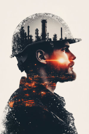 The silhouette of a woman wearing a hard hat is filled with a glowing skyline of industrial structures at duskの素材