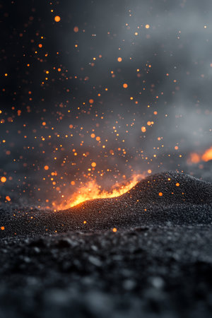 A powerful volcanic eruption sends thick plumes of smoke and ash into the sky, creating a fiery explosion in a desolate landscape during twilight. The scene captures nature's force and intensity.の素材